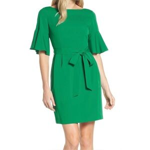 NWT Eliza J Dress Women's 6 Green Bell Sleeve Sheath With Pockets 3/4 Sleeves